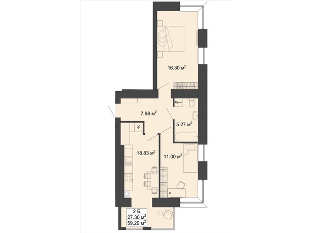 ЖК Модернист: планировка 2-комнатной квартиры 59.29 м²