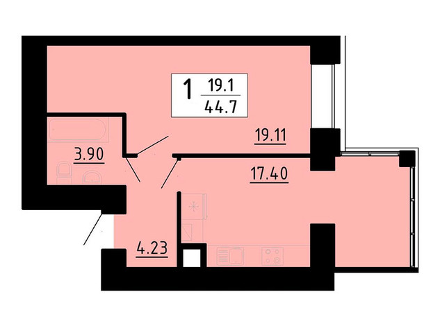 ЖК Кольоровий: планировка 1-комнатной квартиры 44.7 м²