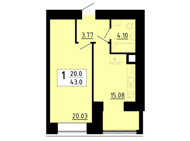 ЖК Кольоровий: планировка 1-комнатной квартиры 43 м²