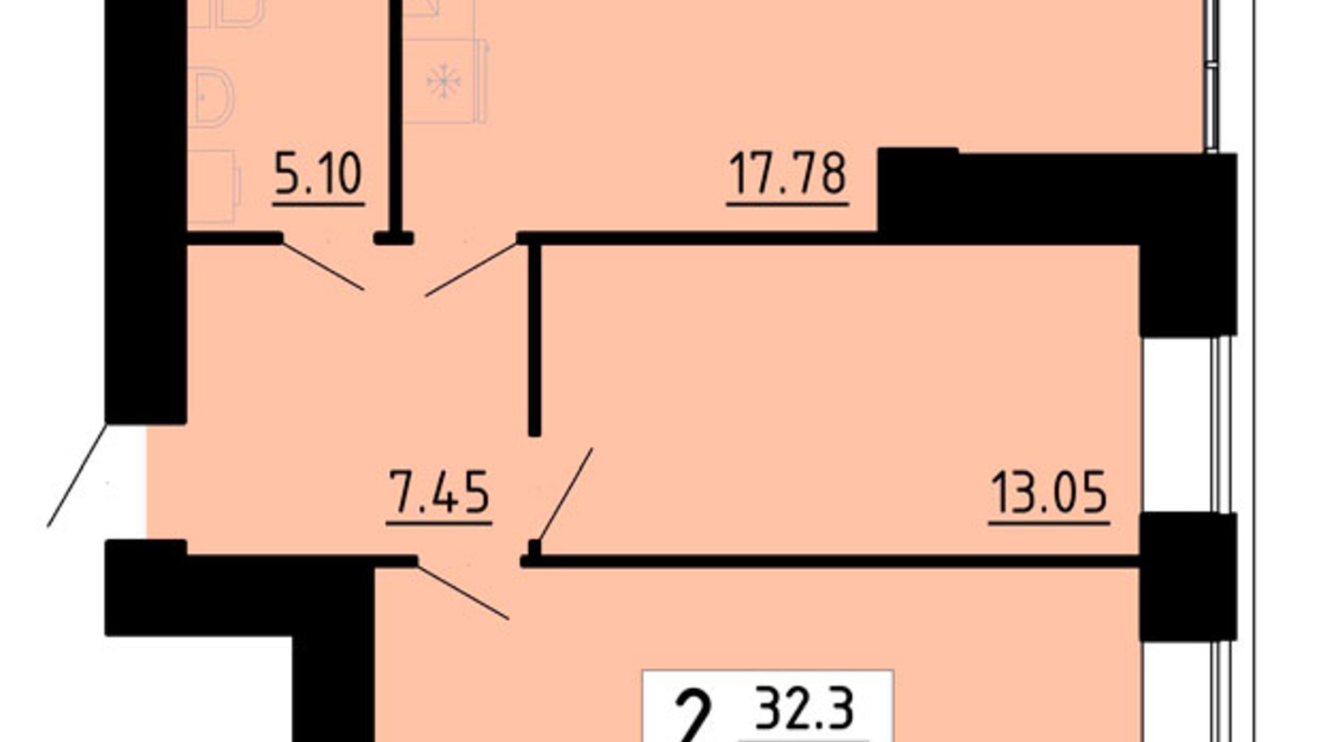Планировка 2-комнатной квартиры в ЖК Кольоровий 62.7 м², фото 659835