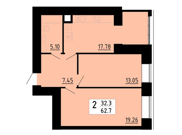 ЖК Кольоровий: планировка 2-комнатной квартиры 62.7 м²
