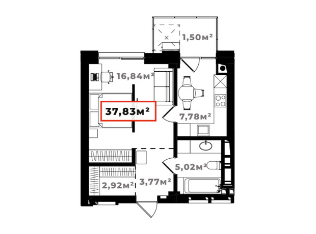 ЖК Ярко Центр: планування 1-кімнатної квартири 37.83 м²