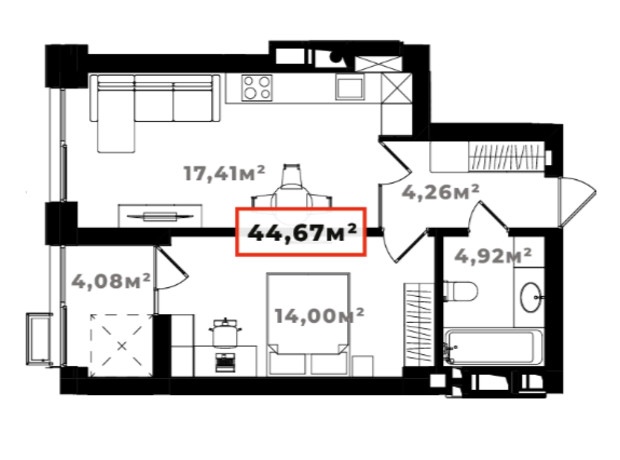 ЖК Ярко Центр: планировка 1-комнатной квартиры 44.67 м²