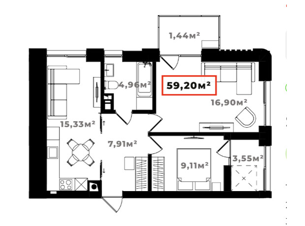 ЖК Ярко Центр: планировка 2-комнатной квартиры 59.2 м²