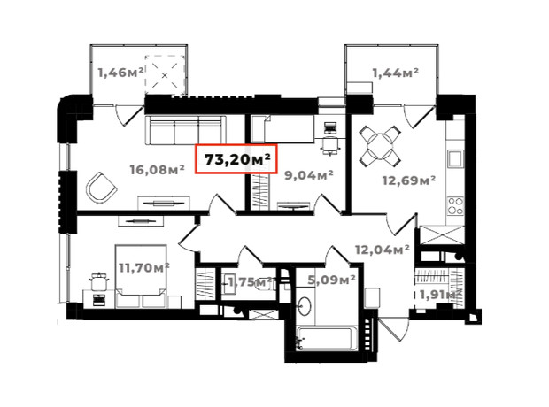 ЖК Ярко Центр: планировка 3-комнатной квартиры 73.2 м²