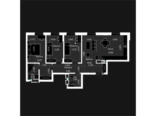 ЖК Nova Magnolia: планировка 2-комнатной квартиры 87.53 м²