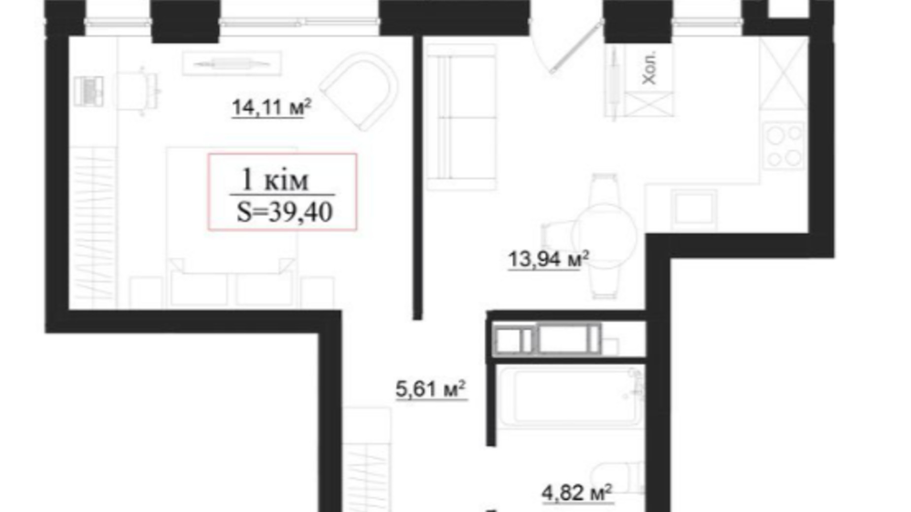 Планування 1-кімнатної квартири в Клубний будинок на Панаса Мирного 39.4 м², фото 659910