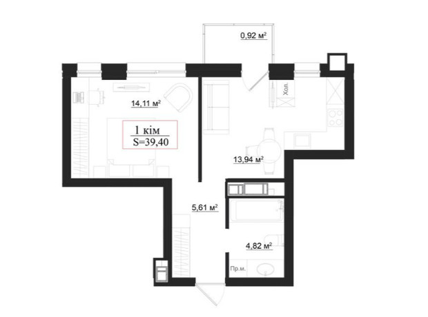 Клубный дом на Панаса Мирного: планировка 1-комнатной квартиры 39.4 м²