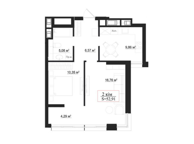 Клубный дом на Панаса Мирного: планировка 2-комнатной квартиры 52.91 м²