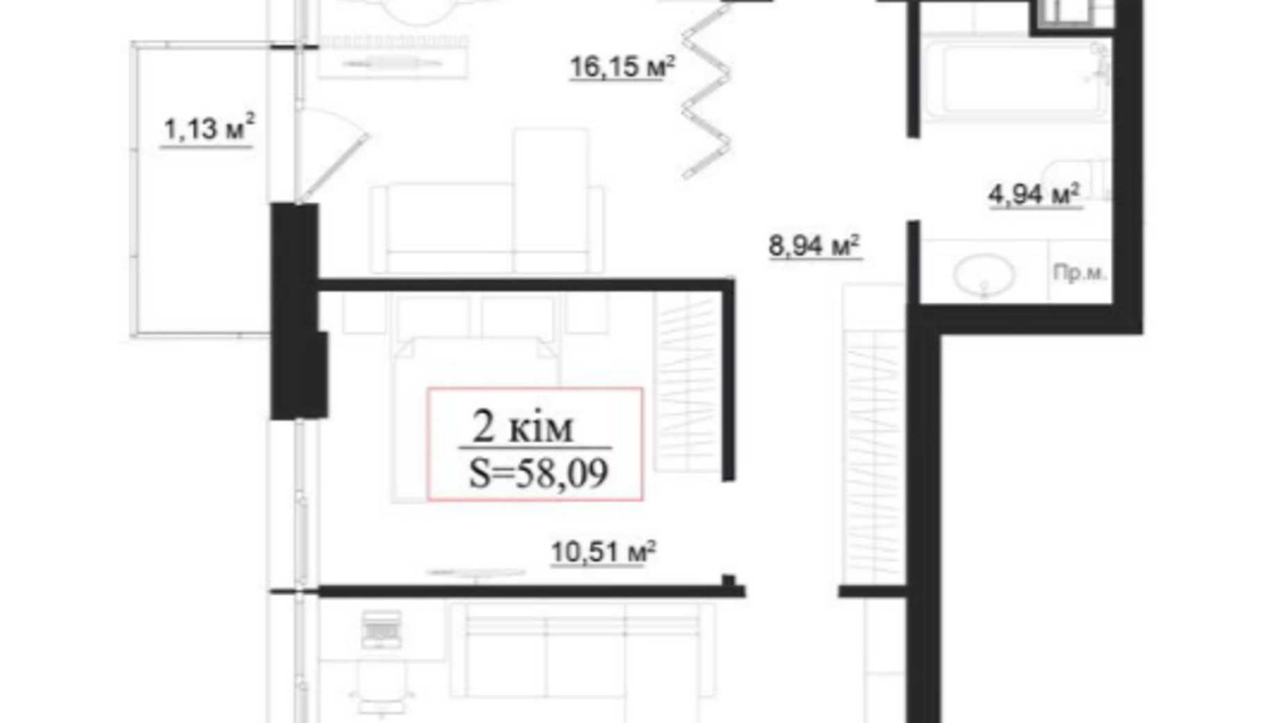 Планування 2-кімнатної квартири в Клубний будинок на Панаса Мирного 58.09 м², фото 659912