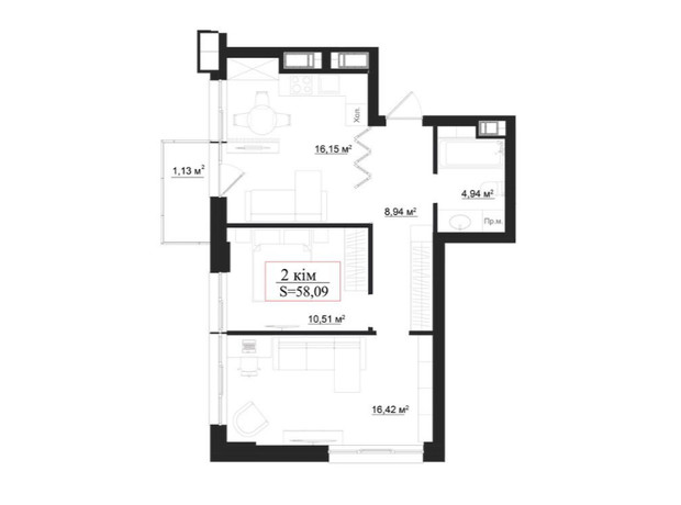 Клубный дом на Панаса Мирного: планировка 2-комнатной квартиры 58.09 м²