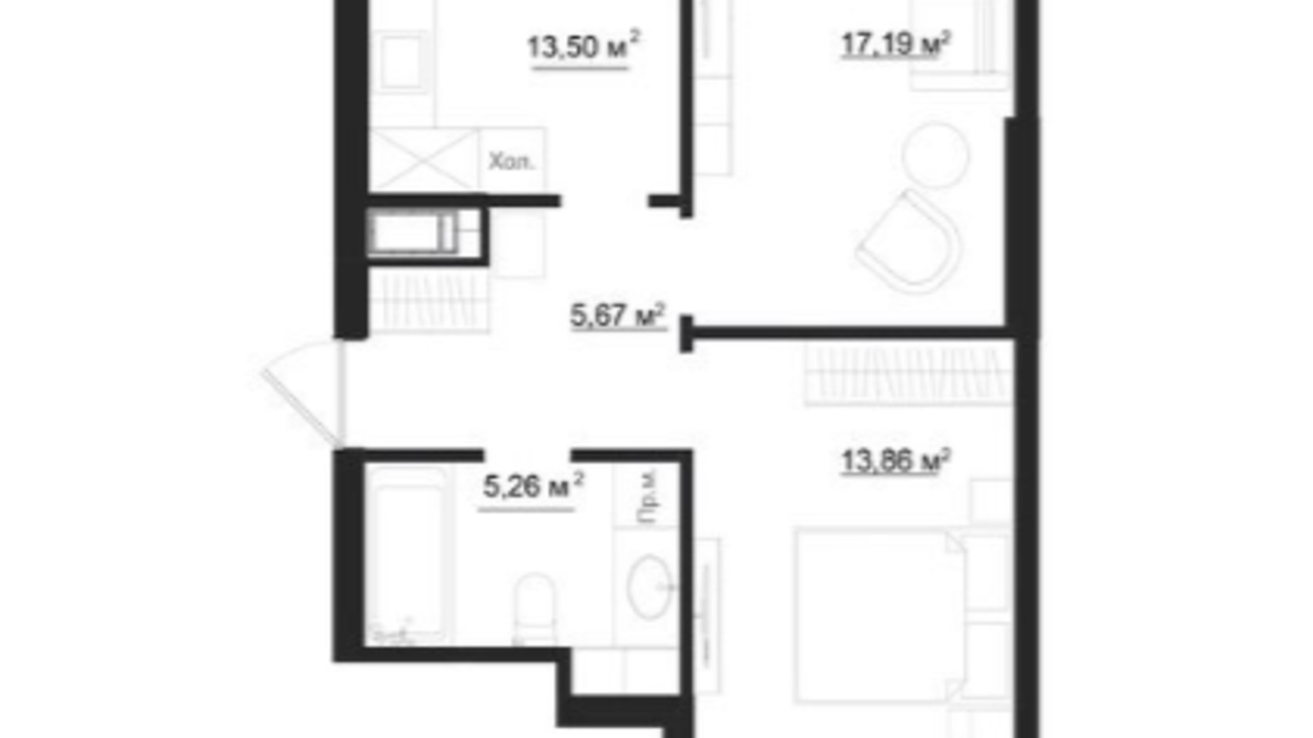 Планировка 2-комнатной квартиры в Клубный дом на Панаса Мирного 60.87 м², фото 659913