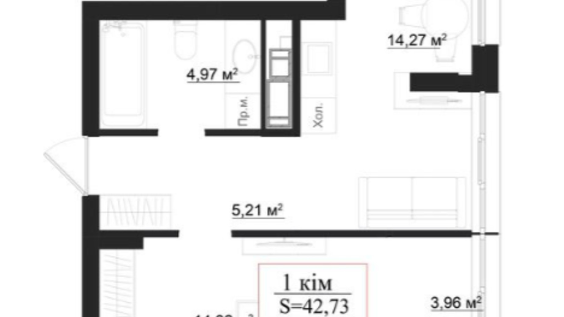 Планировка 1-комнатной квартиры в Клубный дом на Панаса Мирного 42.73 м², фото 659914