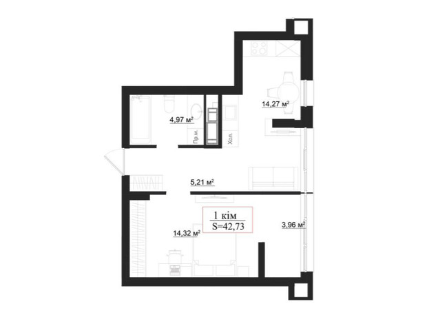 Клубный дом на Панаса Мирного: планировка 1-комнатной квартиры 42.73 м²