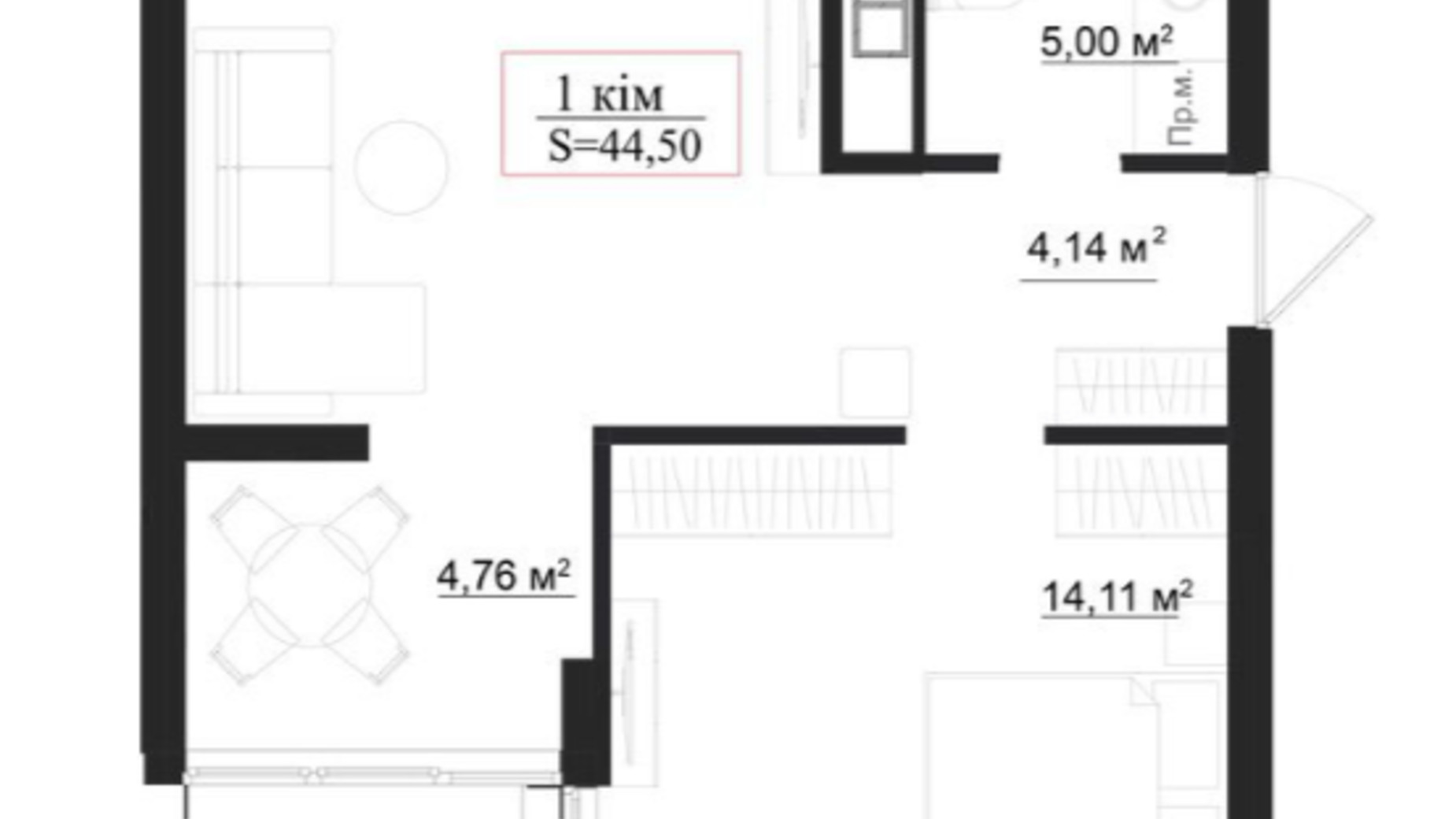 Планировка 1-комнатной квартиры в Клубный дом на Панаса Мирного 44.5 м², фото 659915