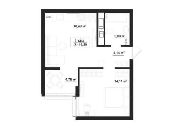Клубный дом на Панаса Мирного: планировка 1-комнатной квартиры 44.5 м²