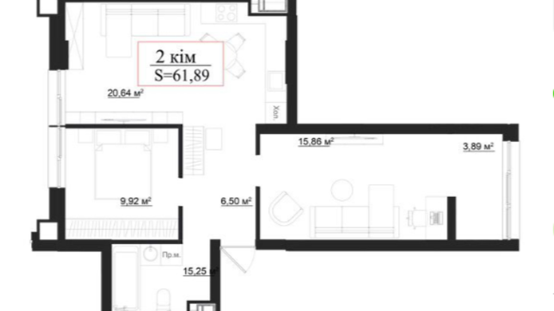 Планировка 2-комнатной квартиры в Клубный дом на Панаса Мирного 61.89 м², фото 659916
