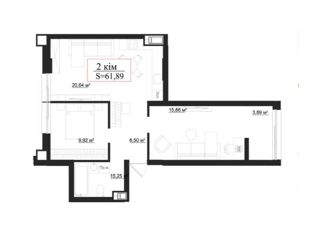 Клубный дом на Панаса Мирного: планировка 2-комнатной квартиры 61.89 м²