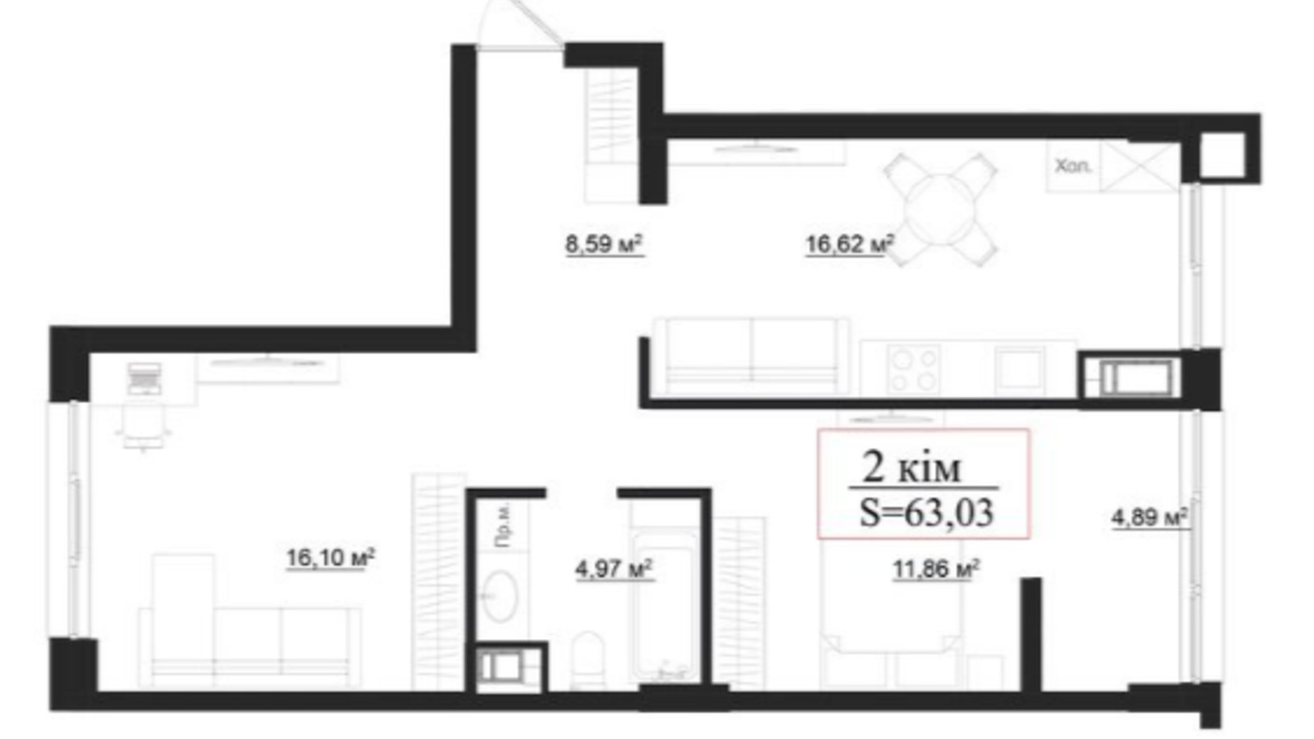 Планировка 2-комнатной квартиры в Клубный дом на Панаса Мирного 63.03 м², фото 659917