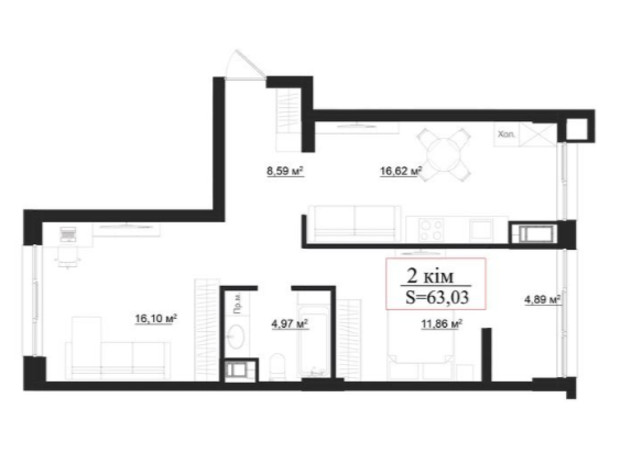 Клубный дом на Панаса Мирного: планировка 2-комнатной квартиры 63.03 м²