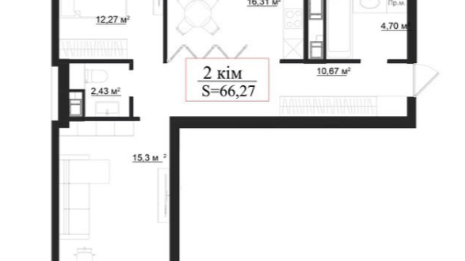 Планировка 2-комнатной квартиры в Клубный дом на Панаса Мирного 66.27 м², фото 659918