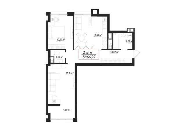 Клубный дом на Панаса Мирного: планировка 2-комнатной квартиры 66.27 м²