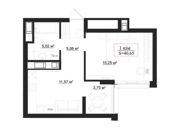 Клубный дом на Панаса Мирного: планировка 1-комнатной квартиры 40.65 м²