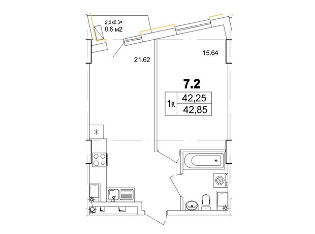 Апарт-комплекс Итака: планировка 1-комнатной квартиры 42.85 м²