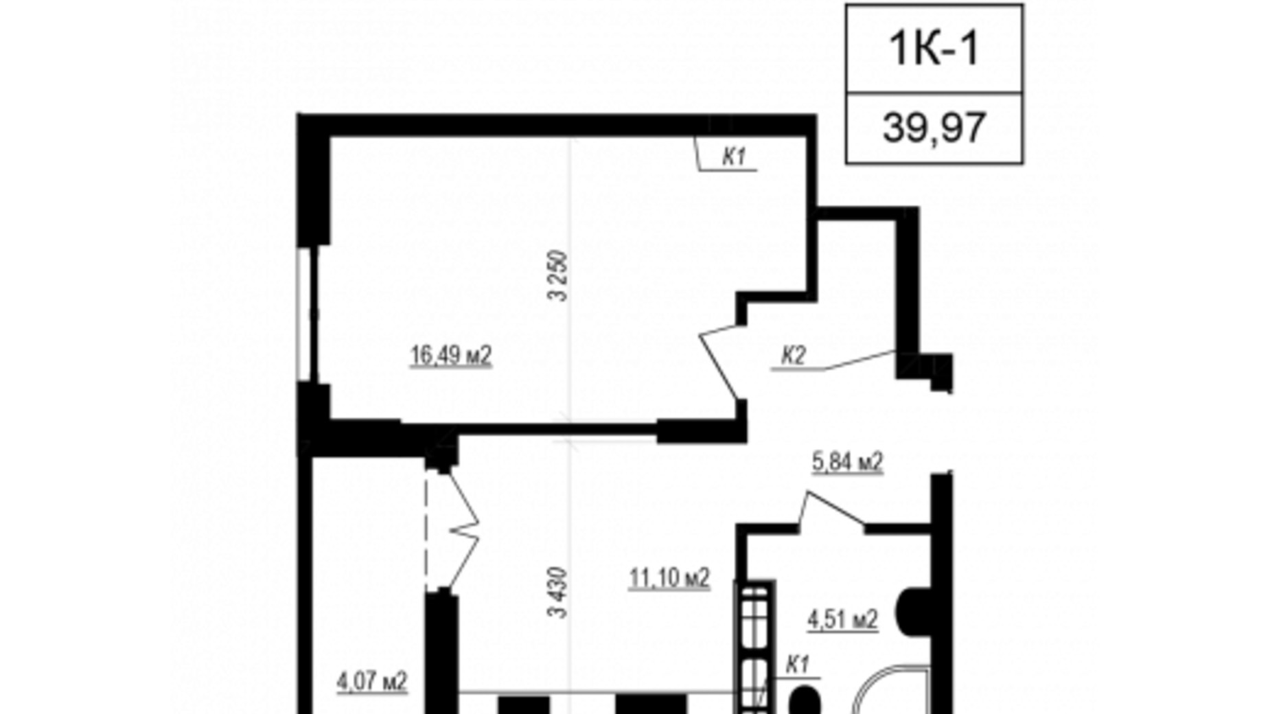 Планування 1-кімнатної квартири в ЖК Щасливий Grand 39.97 м², фото 660117