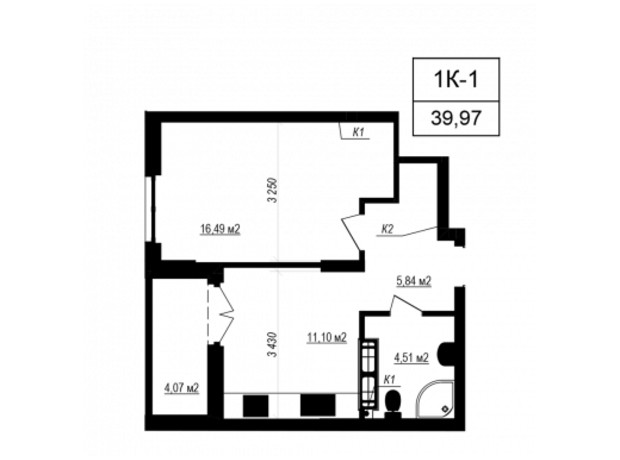 ЖК Щасливий Grand: планировка 1-комнатной квартиры 39.97 м²