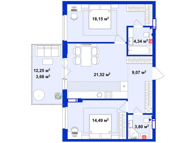 ЖК Utlandia 2: планировка 2-комнатной квартиры 75.4 м²