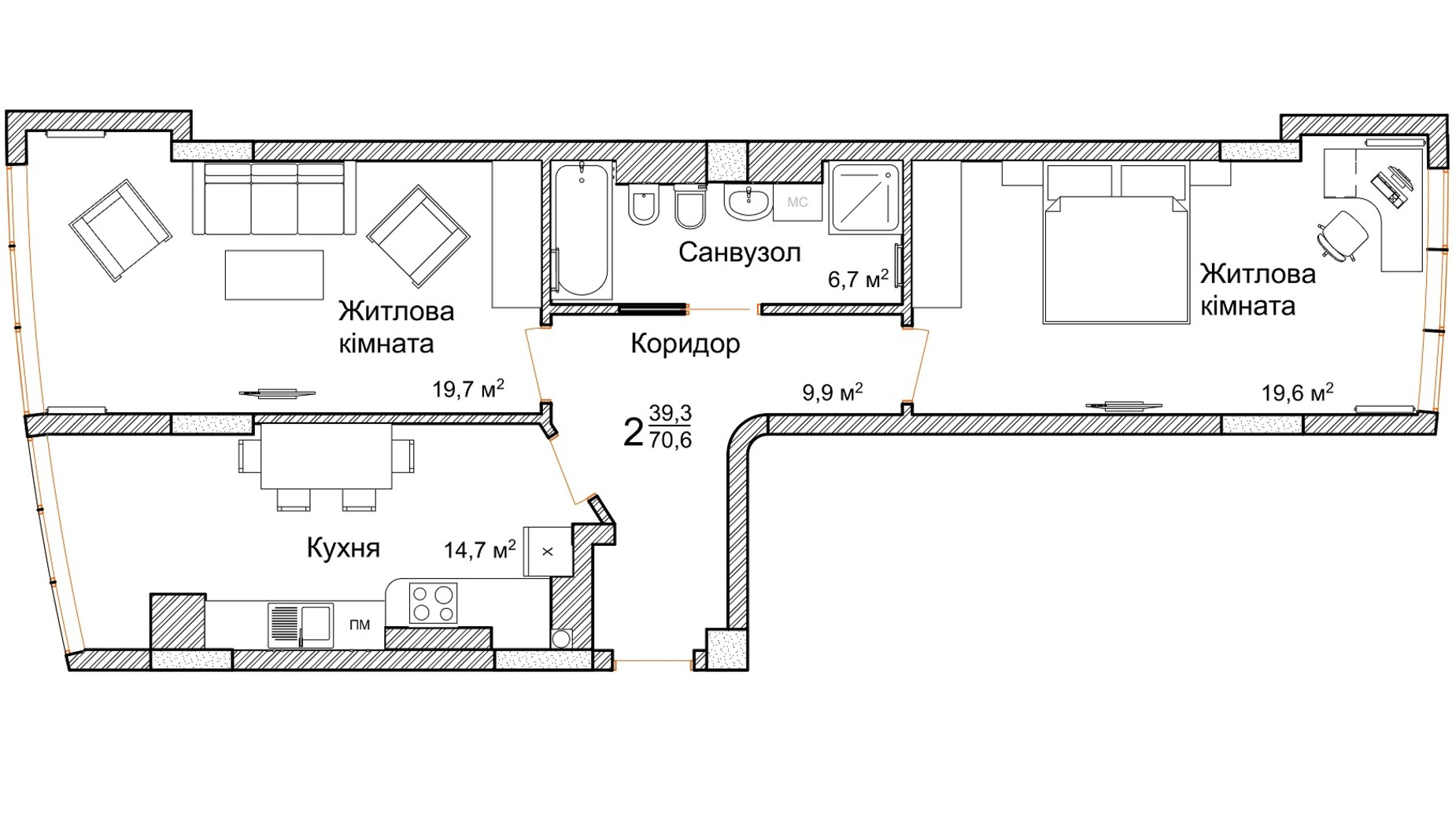 Планировка 2-комнатной квартиры в ЖК Маєток Буковинський 70.6 м², фото 66133