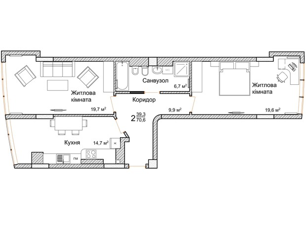ЖК Маєток Буковинський: планування 2-кімнатної квартири 70.6 м²