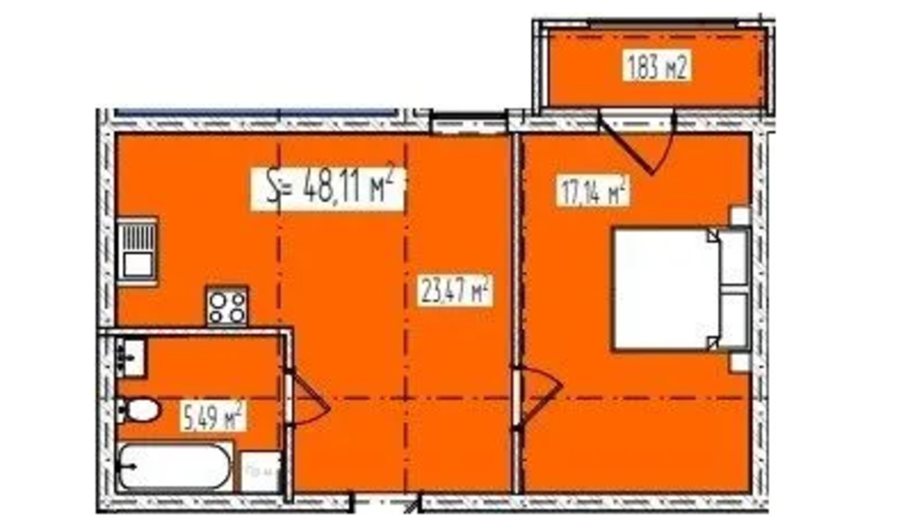 Планировка 1-комнатной квартиры в ЖК Krona house 48.11 м², фото 661374