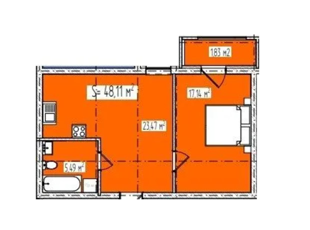 ЖК Krona house: планировка 1-комнатной квартиры 48.11 м²