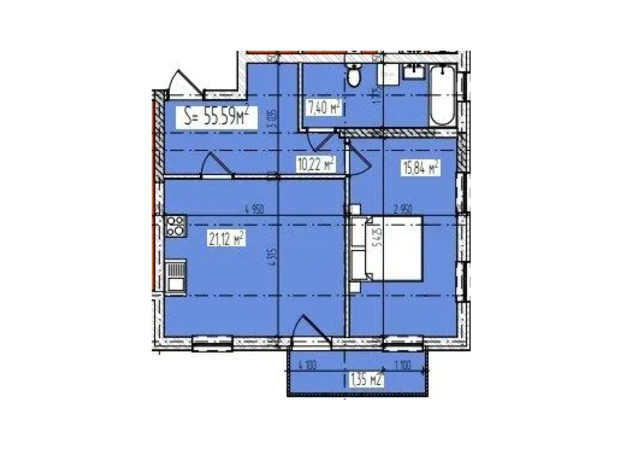 ЖК Krona house: планування 2-кімнатної квартири 55.59 м²