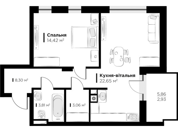 ЖК HYGGE lux: планування 1-кімнатної квартири 50.1 м²