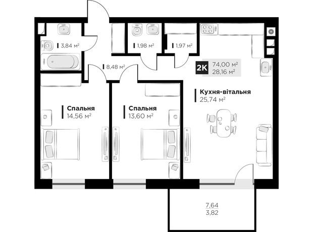 ЖК HYGGE lux: планировка 2-комнатной квартиры 74 м²