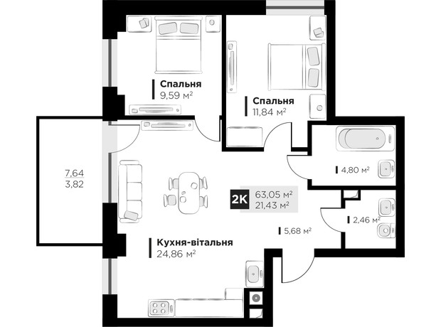 ЖК HYGGE lux: планировка 2-комнатной квартиры 63.05 м²