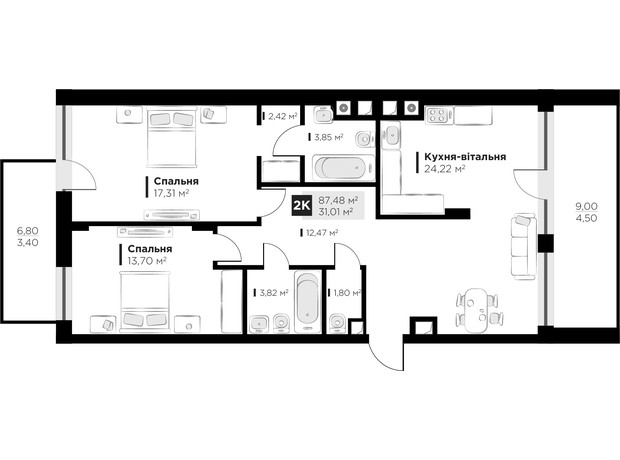 ЖК HYGGE lux: планування 2-кімнатної квартири 87.48 м²