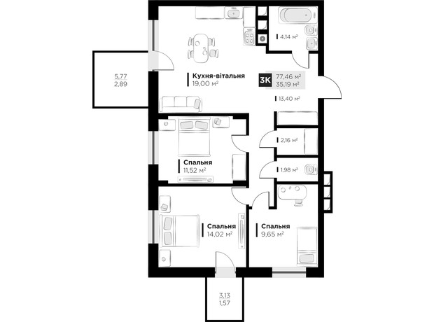 ЖК HYGGE lux: планування 3-кімнатної квартири 77.46 м²