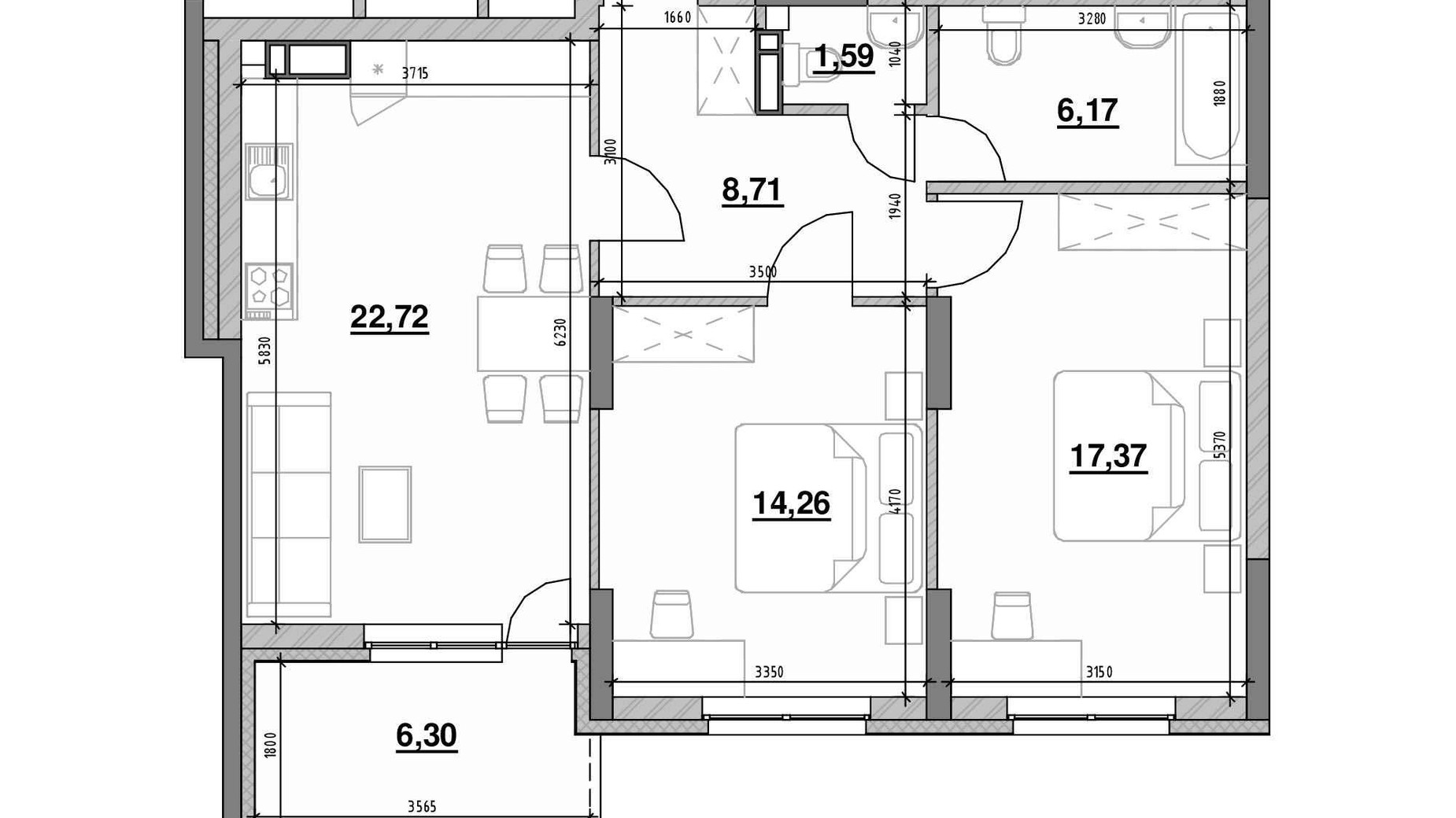Планировка 2-комнатной квартиры в ЖК Ok'Land 77.12 м², фото 661687