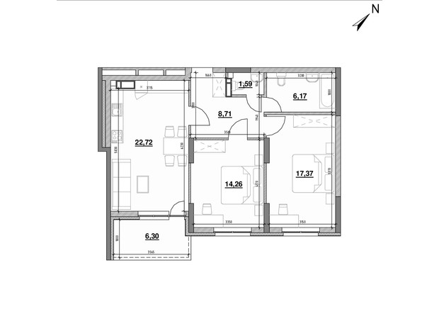 ЖК Ok'Land: планування 2-кімнатної квартири 77.12 м²