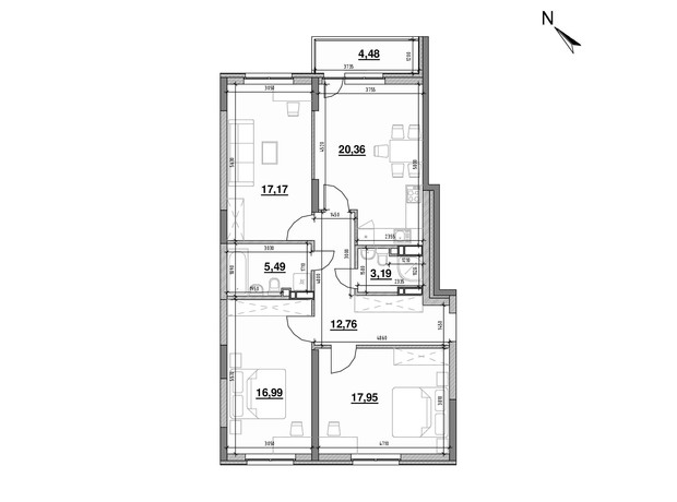 ЖК Ok'Land: планировка 3-комнатной квартиры 98.39 м²