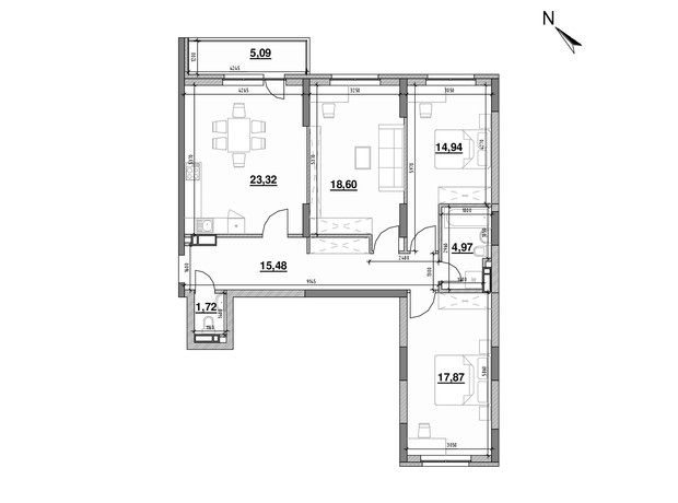 ЖК Ok'Land: планування 3-кімнатної квартири 101.99 м²