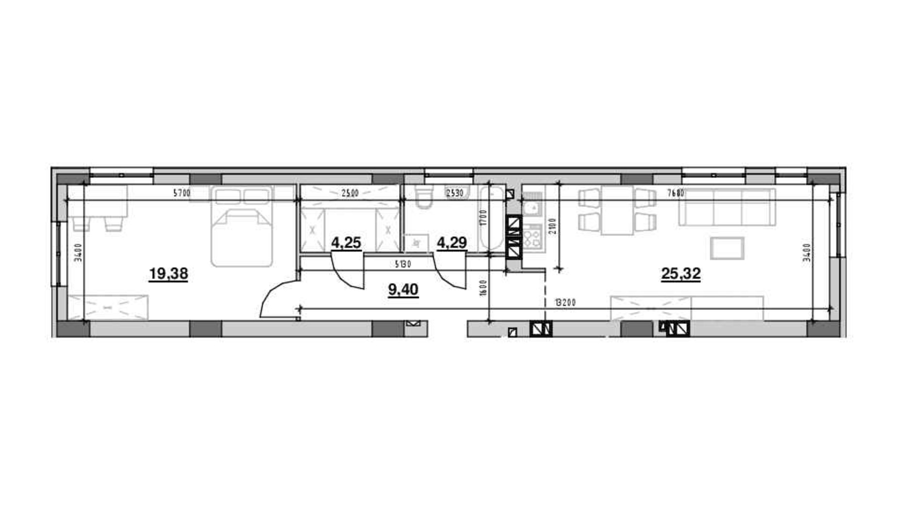 Планування 1-кімнатної квартири в ЖК Ріел Сіті 63.4 м², фото 661730