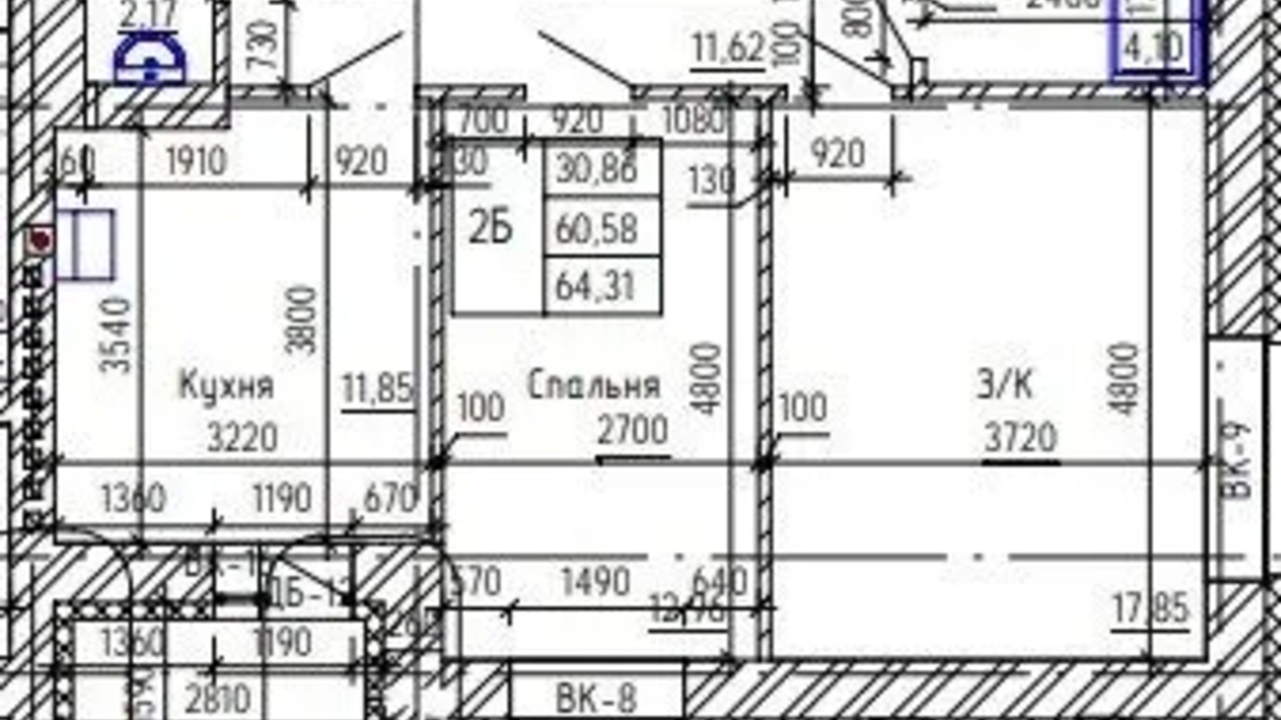 Планування 2-кімнатної квартири в ЖК просп. Миру, 30б 64.31 м², фото 661784