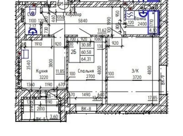 ЖК просп. Миру, 30б: планування 2-кімнатної квартири 64.31 м²