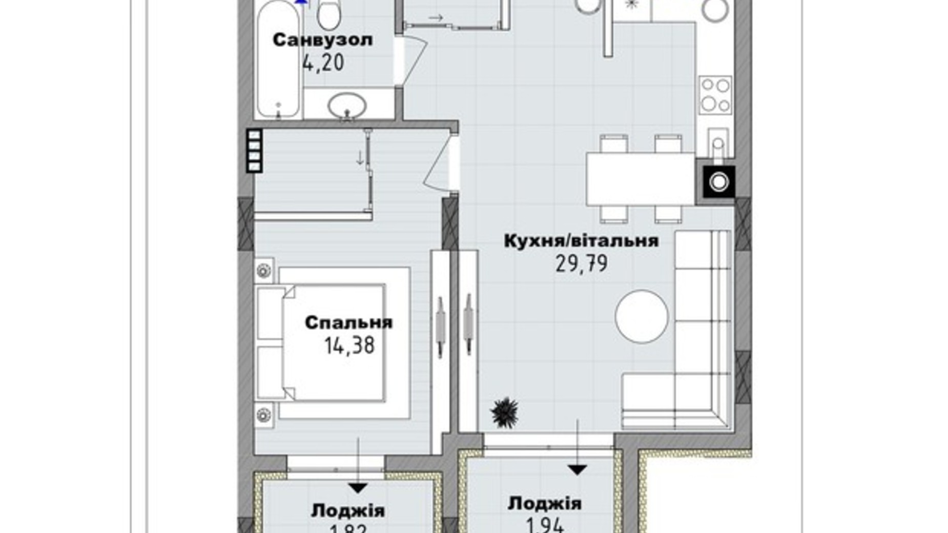 Планування 1-кімнатної квартири в Клубний будинок San Marco 52.13 м², фото 661791