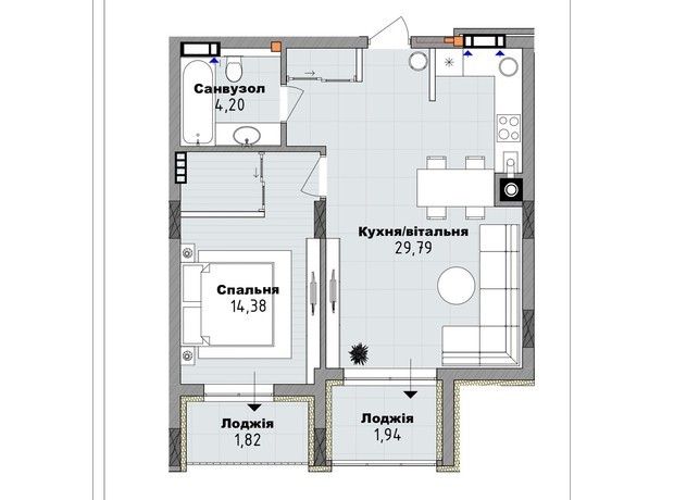 Клубний будинок San Marco: планування 1-кімнатної квартири 52.13 м²